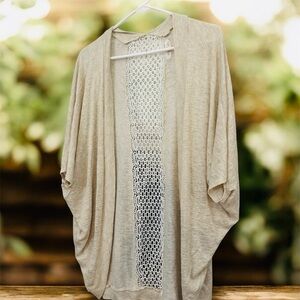 Beige Open-Front Cardigan with Crochet Detail